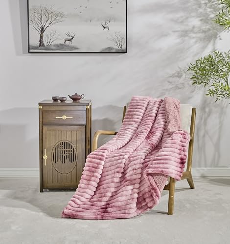 Miracle Home. Fleece Blanket Reversible Microfiber Kunzite Velvet Flannel and Sherpa 300GSM-180GSM, Soft, Warm and Lightweight, Machine Washable, 220 X 240 Pink