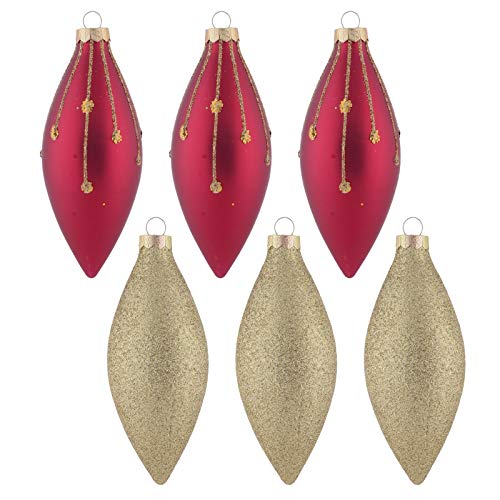 Mr Crimbo 6 Pack Christmas Tree Baubles Long Glass Decorations 13cm Gold/Red