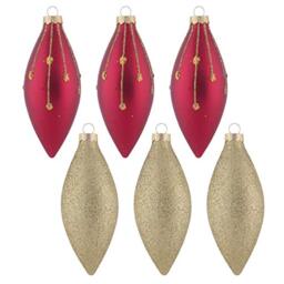 Mr Crimbo 6 Pack Christmas Tree Baubles Long Glass Decorations 13cm Gold/Red