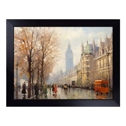 Lap Tray with Bean Bag Cushion, London Impressionism - Handmade in the UK, Raised Wooden Edge, Padded Cushion, Heat-Resistant Wipe-Clean Surface, for Meals, Laptops and Crafts