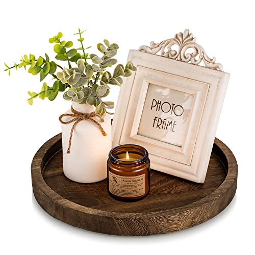Hanobe Round Wood Tray Candle: Rustic Decorative Candle Holder Wooden Whitewash Pillar Stand Farmhouse Tea Light Plate Base for Living Room Coffee Table Centerpiece for Kitchen Counter Decor