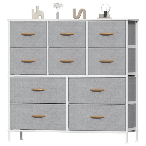 Feonase Chest of Drawers, Bedroom Tall Dresser with 10 Fabric Drawers, Metal Frame & MDF Wood Top, Adjustable Feet, Storage Organizer Unit for Bedroom, Closet, Living Room, Hallway, Light Grey