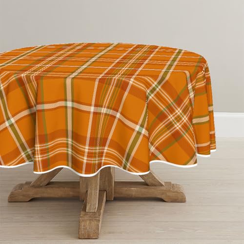 Horaldaily Fall Tablecloth 70 x 70 Inch Round Autumn Buffalo Plaid Orange - Seasonal Washable Table Cover for Party Picnic Dinner Decor