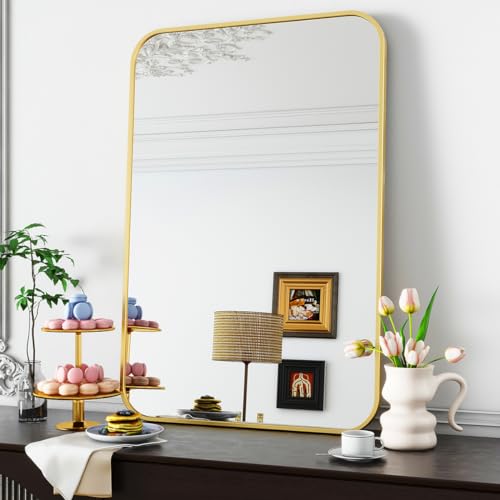 Koonmi 96 x 66 cm Wall Mirror, Rectangular Metal Frame, Bathroom Mirror, Round Corner, Wall Mirror for Bathroom, Living Room, Wall Mounted, Horizontal or Vertical, Gold