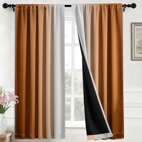 Yakamok 100% Blackout Curtains 63 inches Long, Room Darkening Burnt Orange and Greyish White Curtains Ombre for Bedroom,Gradient Rod Pocket Window Curtains for Living Room,2 Panels,52x63 inch