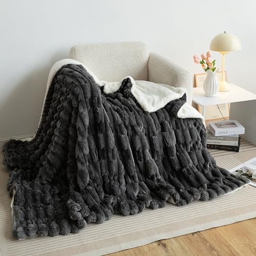 UKELER Sherpa Fleece Blanket 60 ?? 80 inch, Ultra Soft Twin Size Throw Blankets for All Season, 610 GSM Cozy Plush Striped Throw Blanket for Bed Couch Sofa Office Camping, Dark Grey