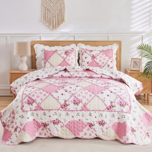 VIVILINEN - Queen Size Quilt Set Full Size Floral Patchwork Reversible Bedspread Coverlet 3 Pieces Bedding Set with 2 Pillow Shams