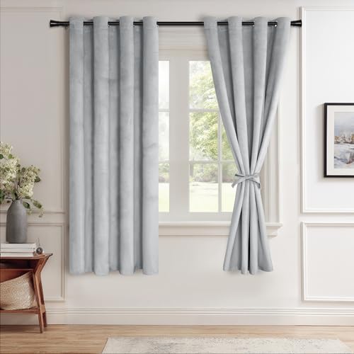 JIUZHEN Silver Grey Velvet Curtains 72 inches Blackout Curtains for Living Room - Privacy Protect Room Darkening Grommet Thick Velvet Window Drapes for Bedroom, Set of 2 with Tiebacks, 52W x 72L