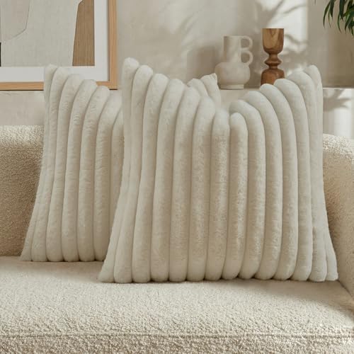 FUTEI Pack of 2 Fluffy Faux Fur Throw Pillow Covers 16x16 Inch Elegant Striped Textured Decorative Cushion Cases Modern Accent Pillow for Couch Bed Living Room, Beige