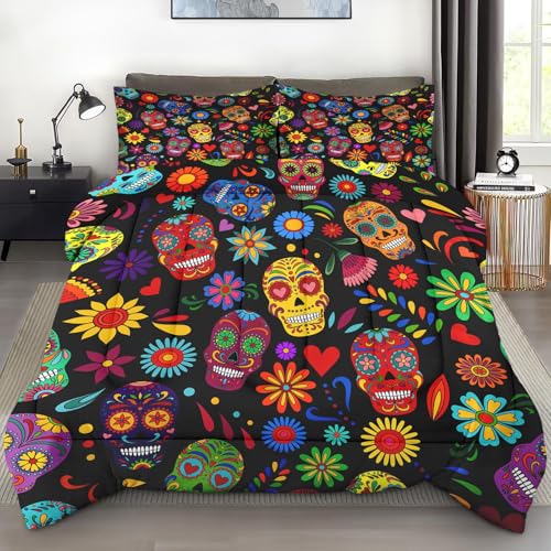 Pamnest Comforter Set Twin Size, Dead Sugar Mexican Soft 2 Pcs Bedding for Kids and Adults, Aztec Flower Comforter Set with Pillowcase, for Bedroom Bed Decor