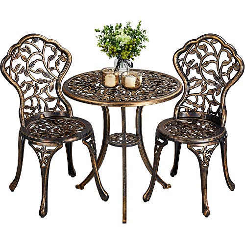 Yaheetech 3-Piece Bistro Dining Set, Outdoor Patio Table and Chairs Antique Aluminium Furniture for Garden Backyard Porch Balcony Lawn Pool, Bronze