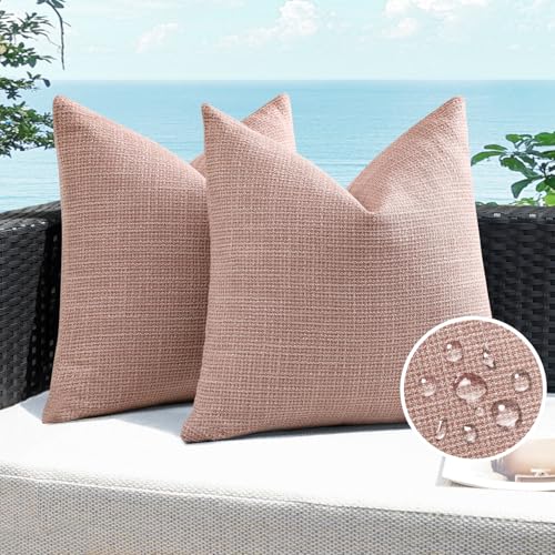Artscope Outdoor Waterproof Throw Pillow Covers 18x18 Inch Decorative Linen Outdoor Pillows Cushion Case for Patio Couch Sofa - Pink