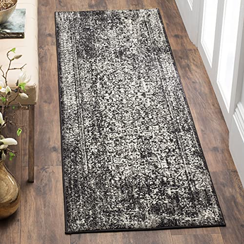 Safavieh Traditional Rug for Living Room, Dining Room, Bedroom - Evoke Collection, Short Pile, in Black and Grey, 62 X 240 cm