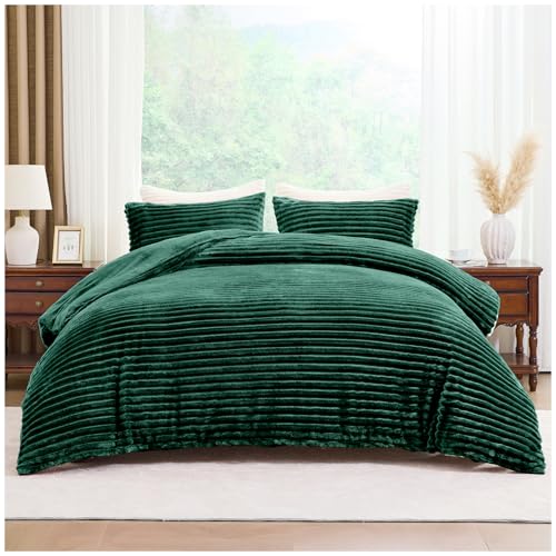 GC GAVENO CAVAILIA Ribbed Fleece Duvet Set With Pillow Cases - Thermal Warm Cozy Winter Bedding Double Duvet Cover Set 200x200 Cm - Hypoallergenic, Washable Polyester Quilt Cover Bed Sets, Dark Green