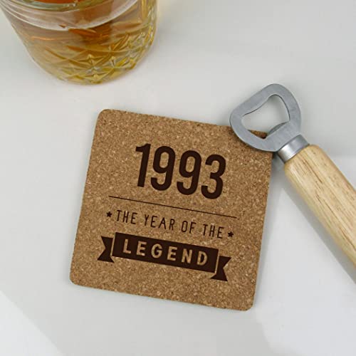 eBuyGB Engraved Square Cork Coaster -1993 Year of The Legend Design - 30th Birthday Gifts for Him, Men - Gift for Son, Brother, Cousin, Friend - Drinks Mat, Placemat