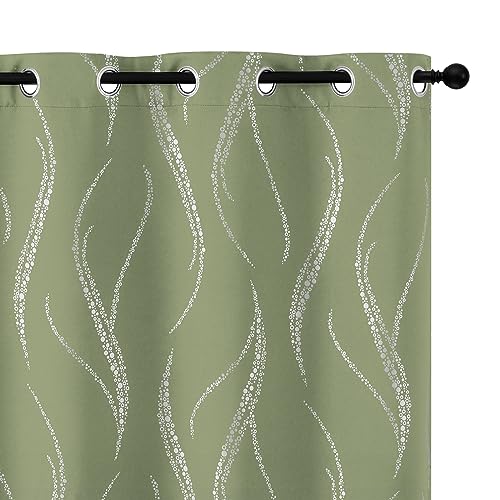 Yakamok Light Blocking Blackout Curtains 84 Inches- Silver Wave Line Dots Print Grommet Drapes, Room Darkening Curtain, Window Panels for Living Room/Bedroom (42W x 84L Inch, Set of 2, Sage)