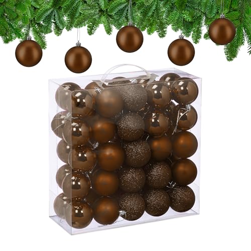 Relaxdays Christmas Baubles, Set of 50, Tree Ornaments, Holiday Decorations, Plastic, Shatterproof, 6 cm, Brown