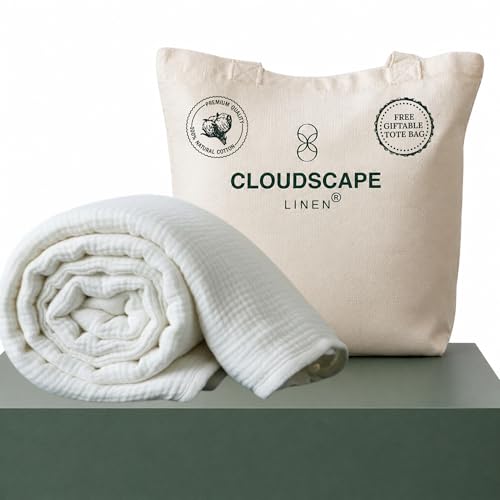 Cloud Scape Linen Cotton Blanket for Bed Soft Large 4 Layer Muslin Bed Blankets Lightweight Breathable Blanket All Season Gauze Blanket (White, Throw (50x70))