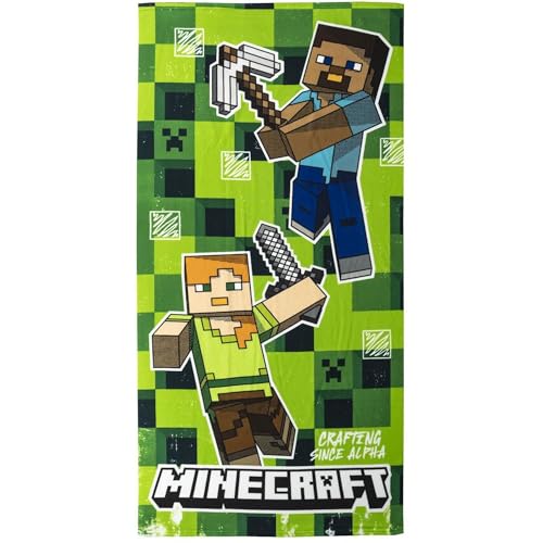 CERDÁ LIFE'S LITTLE MOMENTS Minecraft Kids Towel - Green - 70x140cm - Made with 100% Polyester 240 gsm - Small Towel - Minecraft Characters Print - Original Product Designed in Spain