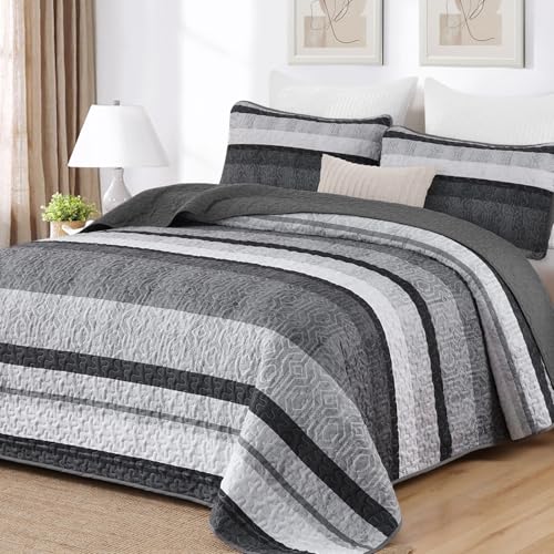 "Dobuyly Grey Queen Quilt Set, Boho Bedspread Queen Size, Striped Bedding Sets 3 Pieces, Lightweight Soft Gray Black Coverlet Bed Sets with 2 Pillow Shams 96""x90"""