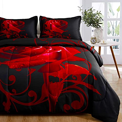 "WONGS BEDDING Red Comforter Set Queen, Reversible Red Rose Pattern Printed Bedding Down Comforter with 2 Pillowcases for All Seasons, Soft Microfiber Lightweight Bedding Set 90""x90"""