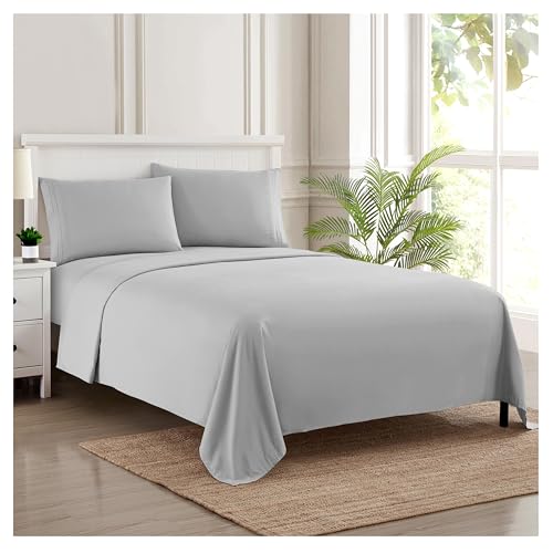 Sweet Home Collection Luxury Bedding Set with Flat, Fitted Sheet, 2 Pillow Cases, Microfiber, Silver, Split King Size