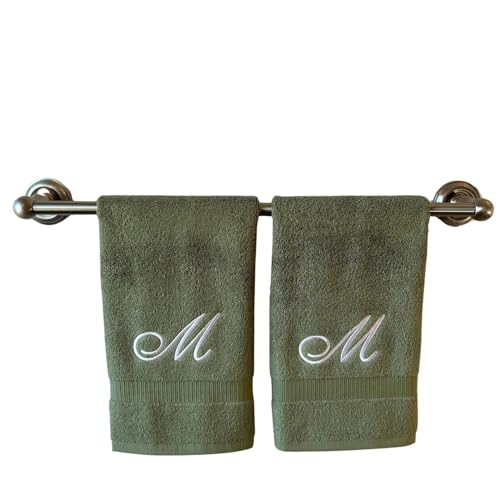 Decorvo Sage Monogrammed Hand Towels for Bathroom - Luxury Hotel Quality Personalized Initial Embroidered Towel for Powder Room, Spa - GOTS Organic Certified - Set of 2 White Letter M