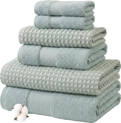 Modern Threads 6-Piece 100% Combed Cotton Yarn Dyed Cobblestone Jacquard Towel Set Misty Blue