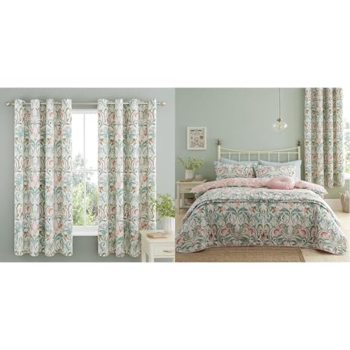 Catherine Lansfield Clarence Floral 66x72 Inch Lined Eyelet Curtains Two Panels Natural & Clarence Floral Reversible Single Duvet Cover Set with Pillowcase Natural