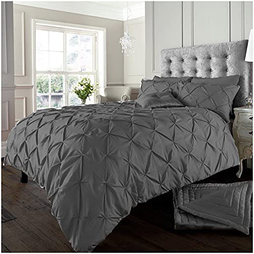 GC GAVENO CAVAILIA Pinch Pleat Pintuck Duvet Cover King Size- Reversible Bed Set With Pillow Cases 2 Pack- Polycotton Fabric Quilt Cover- Charcoal