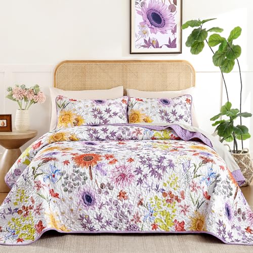 Yiran Purple Floral Quilt Set King Size, Lavender Summer Sunflower Botanical Bedspread Bedding Set, 3 Pieces Soft Lightweight Microfiber Coverlet with 2 Pillow Shams for All Season 106x90 Inch