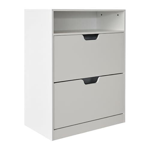 Relaxdays Shoe Cabinet with Shelf, 102x80x24 cm, for 12 Pairs, 2 Flip Doors, Modern White Hallway Storage
