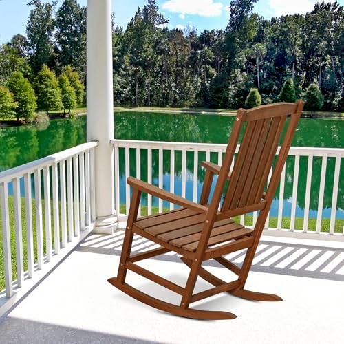 Furinno TIOMAN Outdoor Rocking Chair, Patio Chair, Outdoor Porch Chair, with High Back Rest, Armrest, for Patio, Garden, Backyard, Light Wood