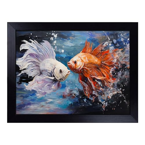 Lap Tray with Bean Bag Cushion, Siamese Fish Action - Handmade in the UK, Raised Wooden Edge, Padded Cushion, Heat-Resistant Wipe-Clean Surface, for Meals, Laptops and Crafts