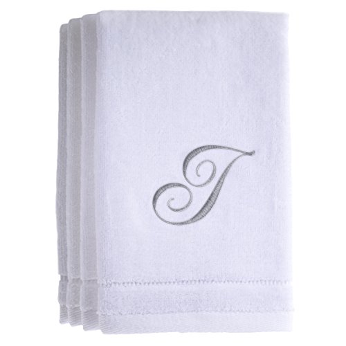 Monogrammed Towels Fingertip, Personalized Gift, 11 x 18 Inches - Set of 4- Silver Embroidered Towel - Extra Absorbent 100% Cotton- Soft Velour Finish - For Bathroom/Kitchen/Spa- Initial I (White)