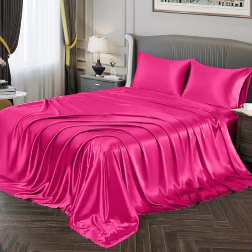 Vonty Queen Size Satin Sheet Set, Hot Pink, 4pc (1 Deep Pocket Fitted Sheet + 1 Flat Sheet + 2 Pillowcases)