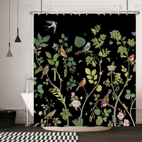 Yanutan Birds with Green Plants Shower Curtain, Animals Green Leaves Black Shower Curtain Set for Bathroom, Lively Birds Fabric Bath Curtain with Hooks, 72x84inches