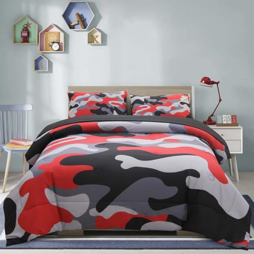 Holawakaka Full Size Camo Bedding Comforter Set with Sheets,Boys Girls Men Camouflage Bed in A Bag 5 Pieces,Kids Teens Dorm Bed Sets Neutral Farmhouse Lodge Cabin Army Bedspread (Red, Full)