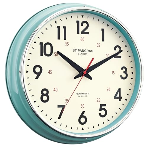 "HYJOOY Wall Clock Metal 12.4"" Vintage Retro Wall Clocks Countryside Style Silent Non Ticking Easy to Read for Living Room, Kitchen, Bedroom, Office, Bar(12.4"" Teal)"