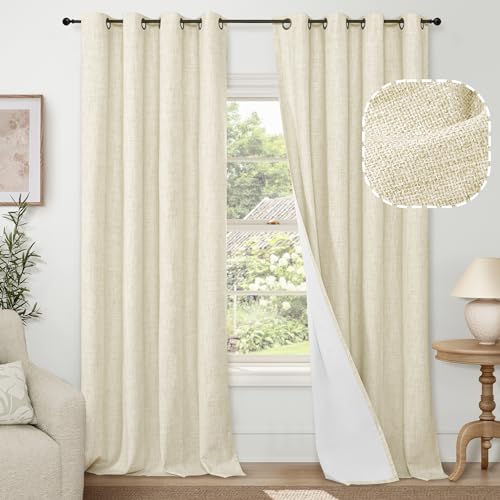 "Lajode Cream 100% Blackout Curtains for Living Room 95 Inch Length 2 Panels Set, Thermal Insulated Light Blocking Faux Linen Curtains for Bedroom, Bronze Grommet Boho Window Drape Each 52"" Wide"