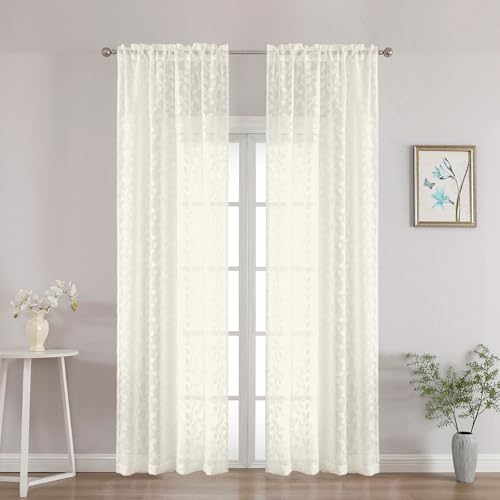 "Chyhomenyc Ivory Sheer Curtains 90 Inch Length 2 Panels Set, Light Filtering Tufted Textured Soft Airy Rod Pocket Gentle Leaf Window Treatment Drapes for Bedroom Living Room, 42"" Wx90 L, 2PCS"