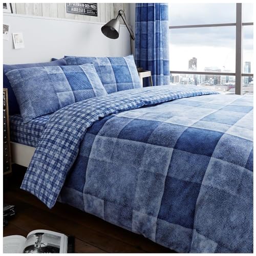 GC GAVENO CAVAILIA Polycotton Checked Duvet Cover Double (200cm x 200cm) - Quilt Bedding Set Double Bed with 2 Pillow Cases - Blue