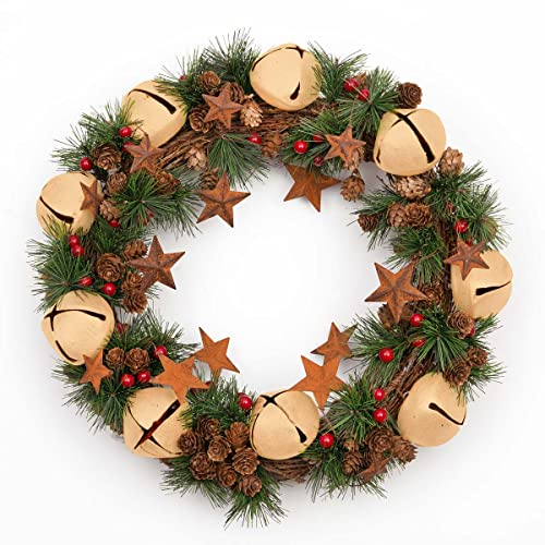 40cm Christmas Wreath with Cream Jingle Bells Stars Pine Cones Berries Leaves for Outdoor Xmas Home Office Mantelpiece Decorations