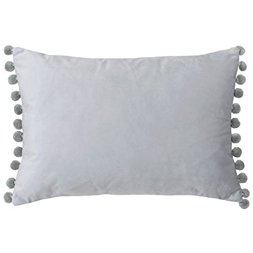 Paoletti Fiesta Rectangular Cushion Cover – Faux Velvet with Pompom Edges (Dove/Silver – 35 x 50cm)