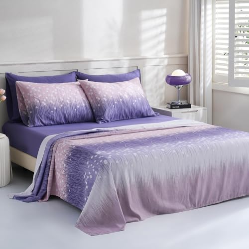 LONAVA Patchwork King Size 6 Pcs Sheet Set, Breathable Microfiber Deep Pocket Purple Fitted Sheets, Comfy & Breathable Patterned Flat Sheets,4 Gentle Soft Pillowcases, Purple Blossom