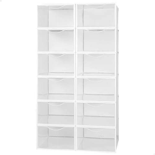 AKTIVE Max Home Plastic Shoe Boxes, Set of 12 Storage Organizers, 23 x 33.5 x 14.5 cm, Stackable, Anti-Tip, Up to T.44, Transparent, Plastic Shoe Box (112549)