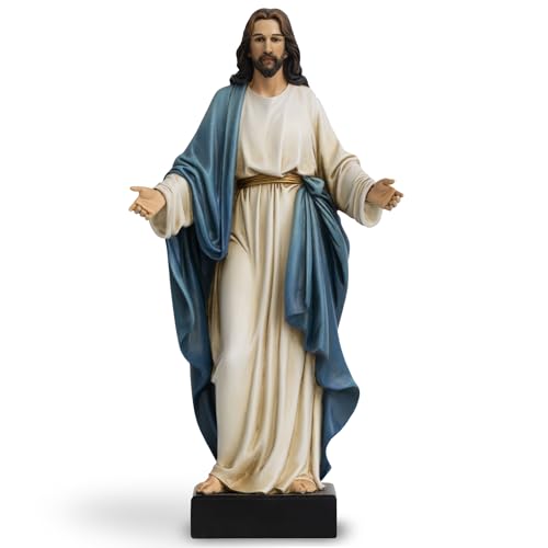 ShineOnAngel 12 Inch Jesus Statue with Open Arms, Hand Painted Jesus Christ Figurine in Blue Robe, Realistic Resin Religious Sculpture for Christian Home D??cor
