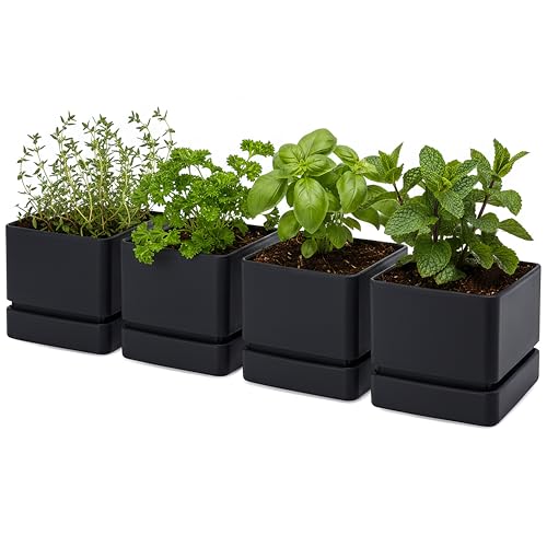 D'vine Dev 6 Inch Herb Planter Pot, Plastic Planter with Drainage Holes and Saucer, Modern Decorative Gardening Pot for Indoor Plants, Flowers, Herbs, Succulents, Black, Set of 4, 76-Y-B4-2