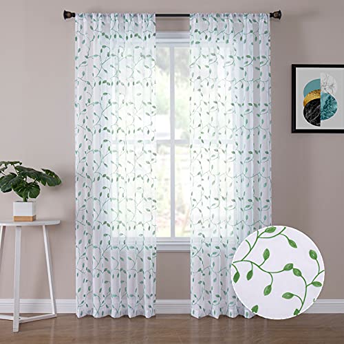 Tollpiz Leaves Sheer Curtain Green Leaf Embroidery Living Room Curtains Rod Pocket Voile Faux Linen Embroidered Leaves Curtain for Bedroom, 54 x 95 inches Long, Set of 2 Panels