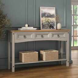 Corona Console Table Grey 3 Drawer Solid Pine Wood